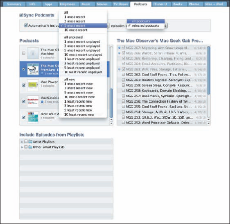 The Podcasts pane determines which podcasts are copied to your iPhone.
