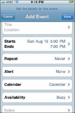 The screen looks like this just before you add an event to your iPhone.