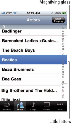 Tap the B on the right side of the screen to jump to artists with names that begin with a B.