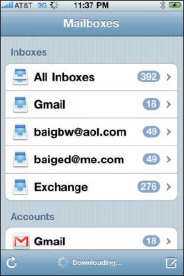 The Mailboxes screen is divided by inboxes and accounts.