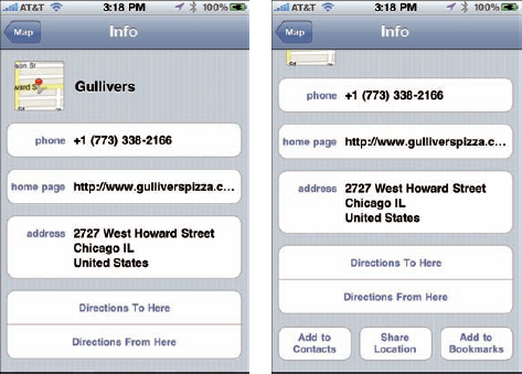 The unscrolled Info screen for Gullivers Pizzeria (left), and the same screen when you scroll to the bottom (right).