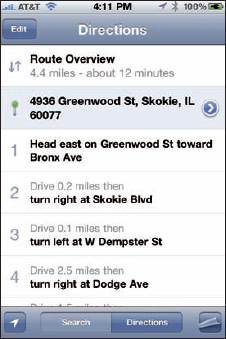 Step-by-step driving directions displayed as a list.