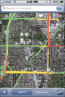 Traffic is moving really slowly (red), kind of slowly (yellow), and nice and fast (green).