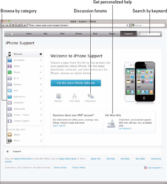 The Apple iPhone support pages offer several kinds of helpful information.