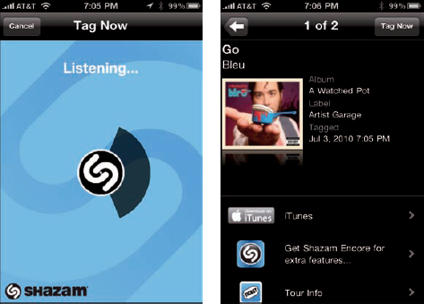 Point your phone at the music (left) and Shazam tells you the artist, title, and more (right).