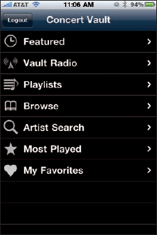 The Wolfgang's Concert Vault iPhone app has a simple, clean interface.