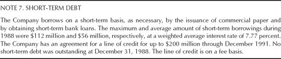 Sample presentation of short-term liabilities as required by the SEC. (Source: Oklahoma Gas & Electric Co., 1988 Annual 10K Report.)