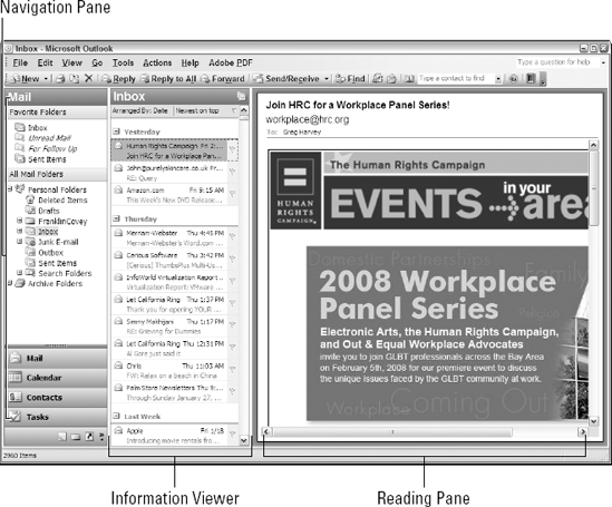 The Outlook 2003 program window as it normally appears when you first launch the application.