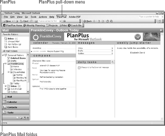 PlanPlus for Outlook as it appears in Outlook 2003 when you select the FranklinCovey folder.