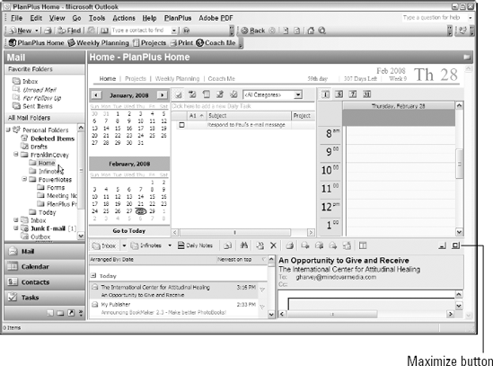 The PlanPlus Home as it appears in the Outlook 2003 Information Viewer when you select the Home folder.