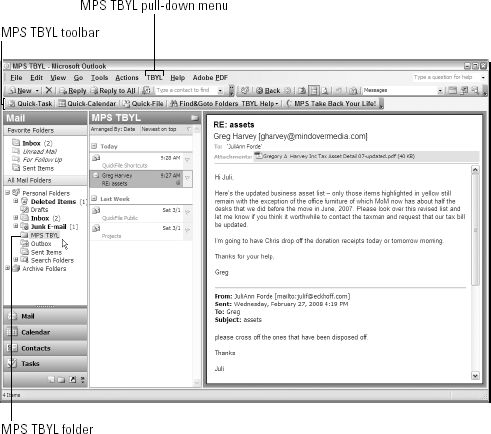 Outlook 2003 running the MPS Take Back Your Life add-in with its toolbar, menu, and folder.