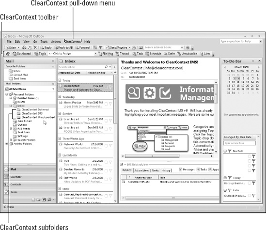 Outlook 2007 running the IMS add-in with its Clear-Context toolbar, menu, and subfolders.