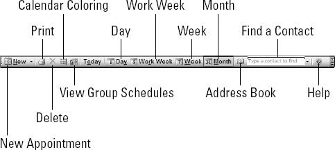 The Standard toolbar as it appears in the Calendar module of Outlook 2003.
