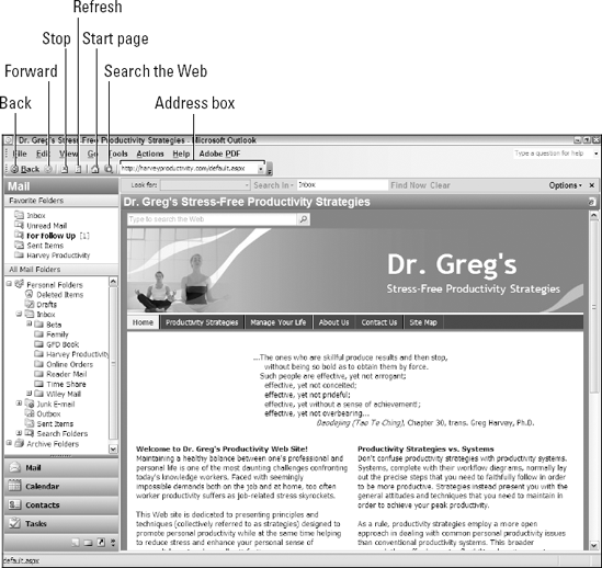 The Outlook 2003 Web toolbar as it appears when visiting my productivity Web site from the Mail module.
