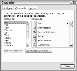 Use the Commands tab of the Customize dialog box to add buttons to the Outlook toolbars.