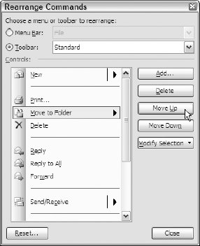 Repositioning buttons on the Outlook Standard toolbar using the Rearrange Commands dialog box.