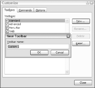 Creating a new custom toolbar on the Toolbars tab of the Customize dialog box.