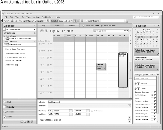 The custom Productivity toolbar as it appears in Calendar module of Outlook 2003.