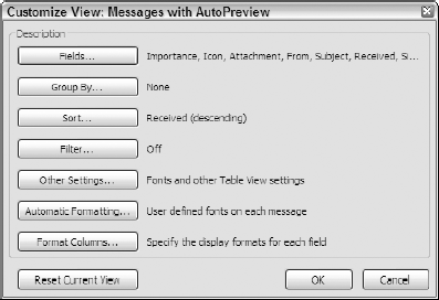 The dialog box for customizing the Messages with Auto-Preview view for the Inbox of the Mail module.
