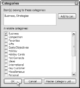Assigning categories to selected Outlook items in the Categories dialog box.