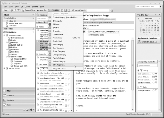 Displaying the Categorize drop-down list in Outlook 2007.