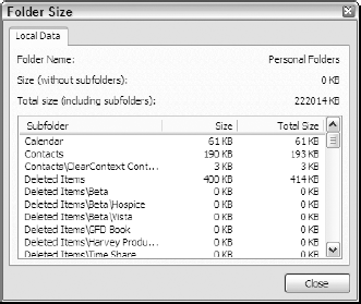 Using the options in the Folder Size dialog box to view the current sizes of various Outlook folders.