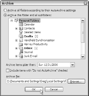 Modifying the archive settings in the Archive dialog box.