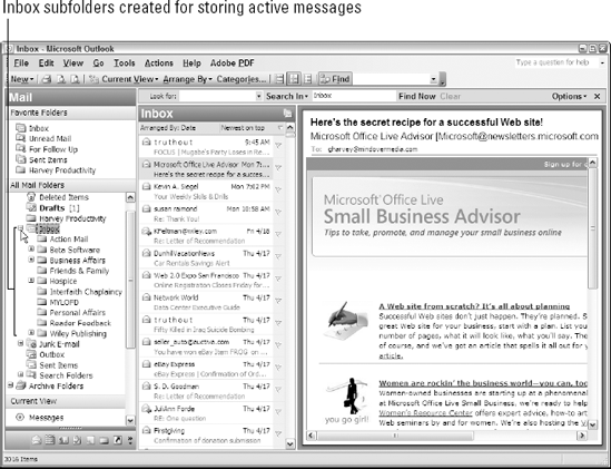 Expanded Inbox in the Navigation Pane of my Outlook showing the list of the subfolders I use for organizing e-mail.