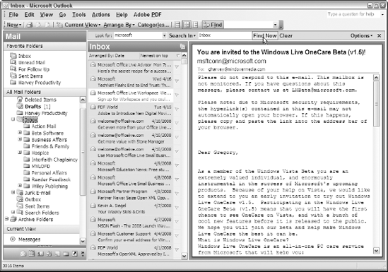 Performing a basic search from the Outlook 2003 Find bar.