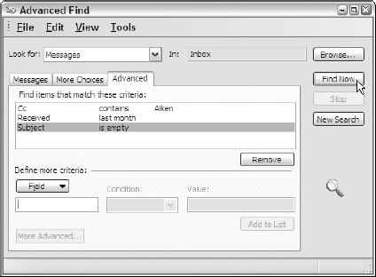 The Advanced tab of the Advanced Find dialog box.