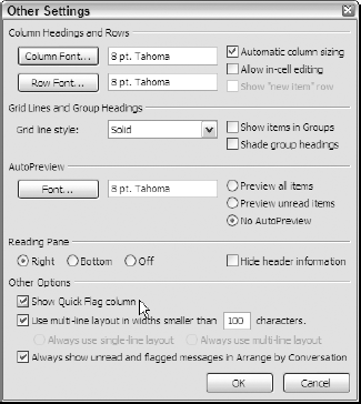 Customizing the current view to include the display of the Quick Flag column in the Outlook 2003 Information Viewer.