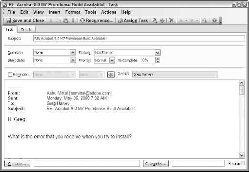 Using the Task dialog box to convert an e-mail message into a task on your to-do list.