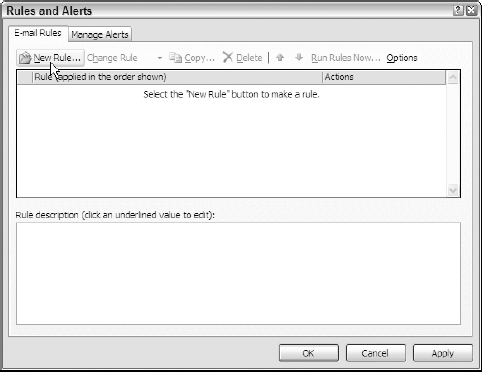 Creating a new e-mail message rule in the Rules and Alerts dialog box.