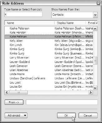 Selecting the name of the contact whose message triggers the rule in the Rules Address dialog box.
