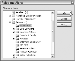 Selecting the folder into which the message is moved in the Rules and Alerts dialog box.