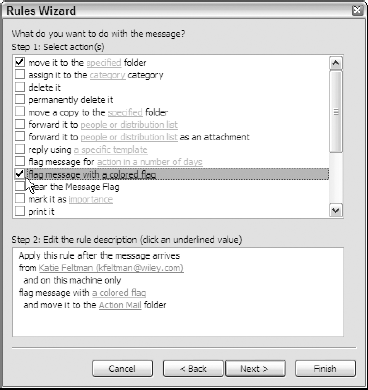 Modifying the actions taken when the new rule is activated in the third Rules Wizard dialog box.