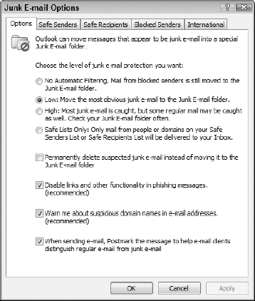 Modifying the junk e-mail settings in the Outlook 2007 Junk E-Mail Options dialog box.