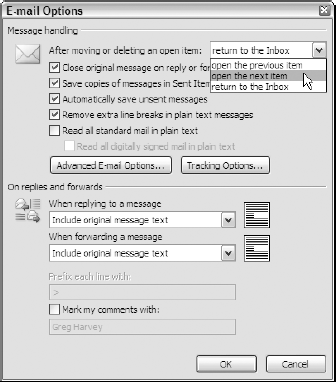 Modifying the general e-mail settings in the E-Mail Options dialog box.