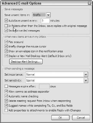 Modifying the advanced e-mail settings in the Advanced E-Mail Options dialog box.