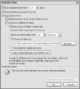 Modifying the settings for automatically archiving older e-mail in the AutoArchive dialog box.