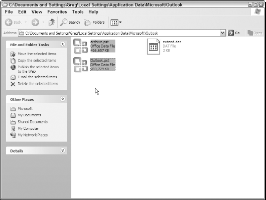 Selecting the Outlook .pst data files for copying to a new drive.