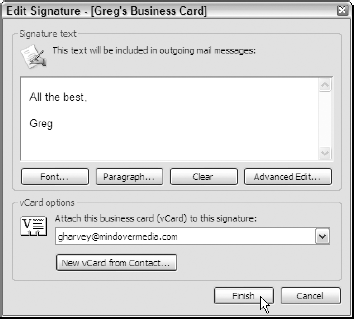 Editing the new signature in Outlook 2003 for my business e-mail messages.