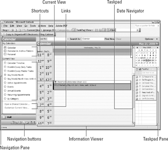 Typical appearance of the Calendar module in Outlook 2003.