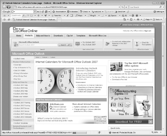 Searching for iCalendars for Outlook 2007 on the Outlook Internet Calendars Home page.