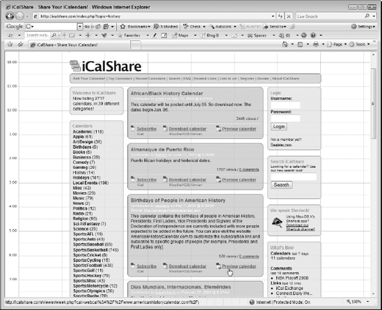 Selecting an iCalendar to preview and download to Outlook 2007 on the iCalShare Web page.