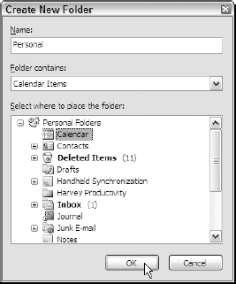 Creating a Personal calendar in the Create New Folder dialog box.