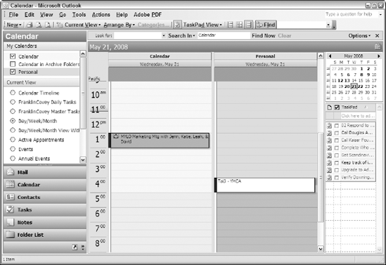 The Calendar module in Outlook 2003 after creating a new Personal calendar.