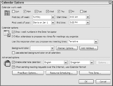 Modifying the default calendar settings in the Calendar Options dialog box.