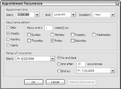 Using the Appointment Recurrence dialog box to indicate the recurrence pattern and end time for a recurring appoinment.