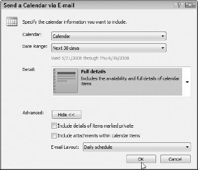 Specifying the calendar and date range to send in a new e-mail message.